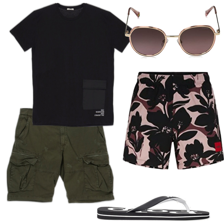 Outfit uomo - Go to the sea. Stile Trendy per Mare. Abbinamento con t-shirt, bermuda, sandali, occhiali da sole, costumi.