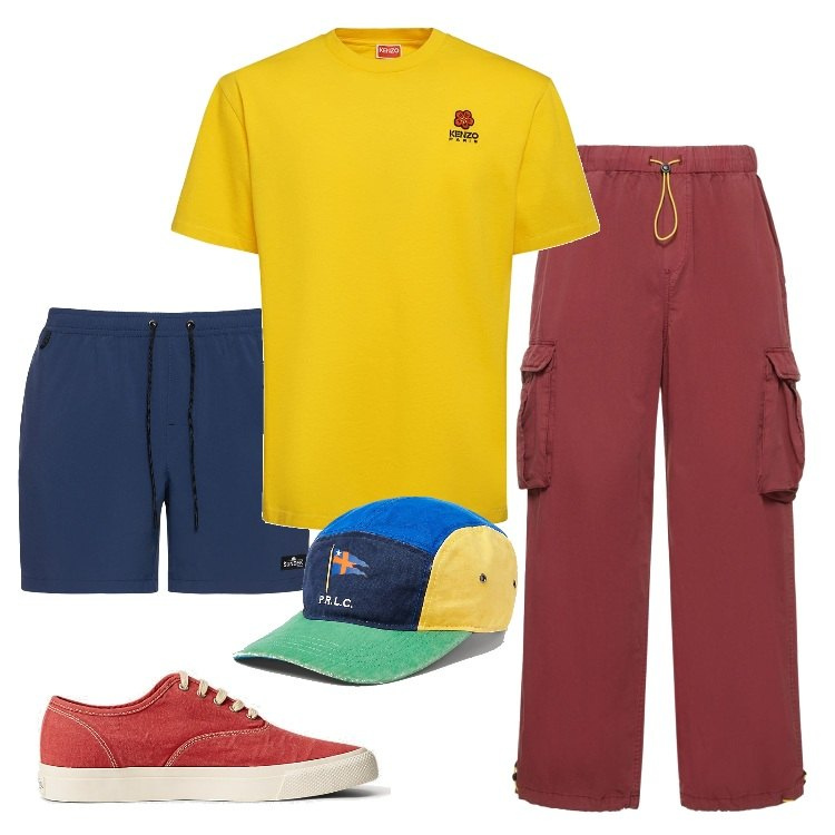 Outfit uomo - Total look #1666301. Stile Trendy per Mare. Abbinamento con sneakers, cappelli con visiera, shorts, t-shirt, pantaloni cargo.