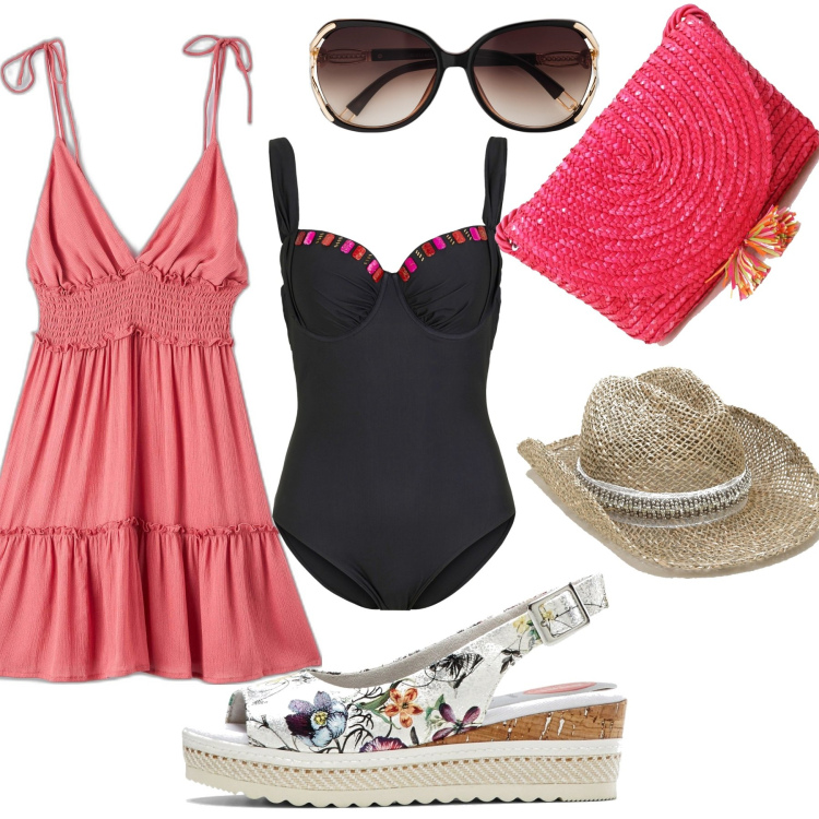 Outfit donna - Curvy in piscina. Stile Bon Ton per Mare. Abbinamento con occhiali da sole, costumi interi, décolleté, vestiti corti, pochette, cappelli.