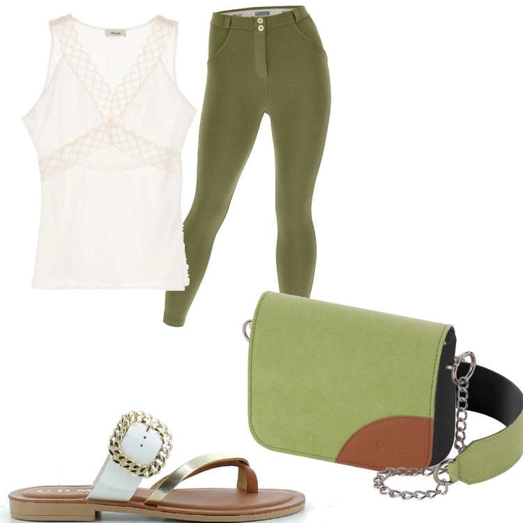 Outfit donna - Borsa verde lime. Stile Basic per Tutti i giorni. Abbinamento con pantaloni skinny, sandali in pelle, canottiere, borse a spalla.