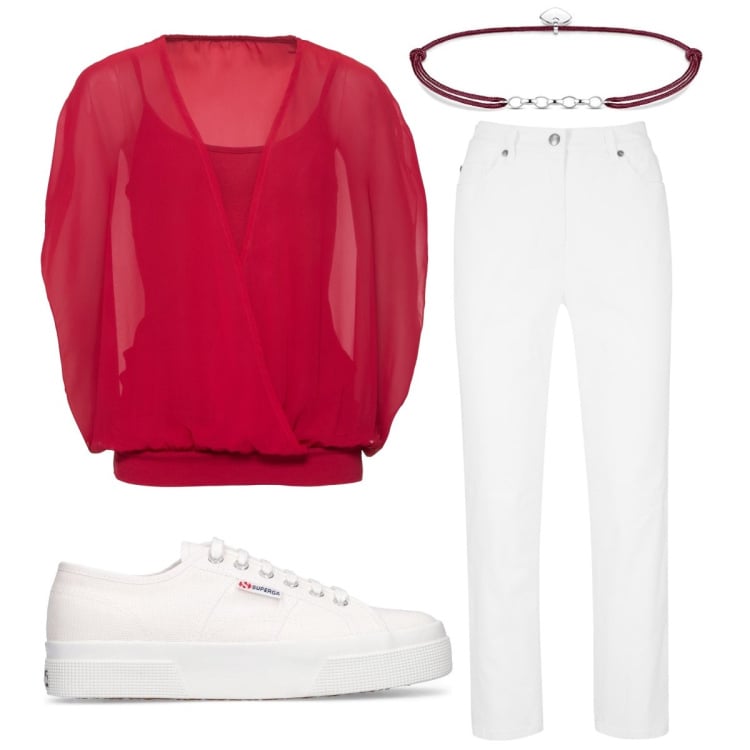 Outfit donna - Oggi metto la blusa rossa. Stile Casual per Tutti i giorni. Abbinamento con pantaloni, bluse, sneakers, braccialetti.