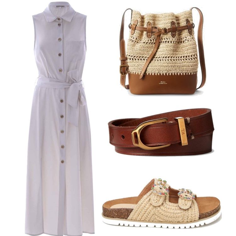 Outfit donna - Abito lungo in cottone bianco. Stile Basic per Tutti i giorni. Abbinamento con sandali, braccialetti, borse a secchiello, vestiti lunghi.