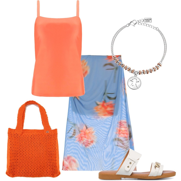 Outfit donna - Un arancio leggero. Stile Basic per Mare. Abbinamento con canottiere, gonne longuette, shopping bag, sandali in pelle, braccialetti.