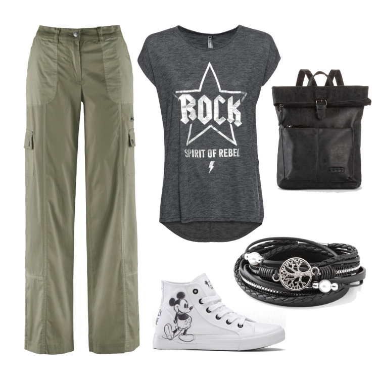 Outfit donna - Bonprix cargo. Stile Urban per Tutti i giorni. Abbinamento con pantaloni cargo, zaini, braccialetti, t-shirt, sneakers alte.