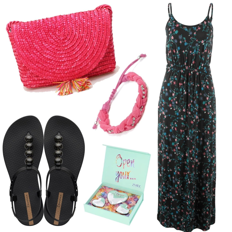 Outfit donna - Total look #1666812. Stile Casual per Tutti i giorni. Abbinamento con vestiti lunghi, pochette, infradito, braccialetti, blush.