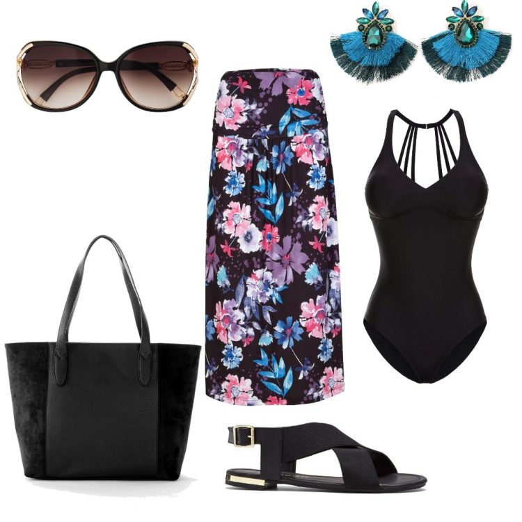 Outfit donna - Glam in piscina. Stile Glamour per Mare. Abbinamento con shopping bag, occhiali da sole, sandali, costumi interi, gonne, orecchini.