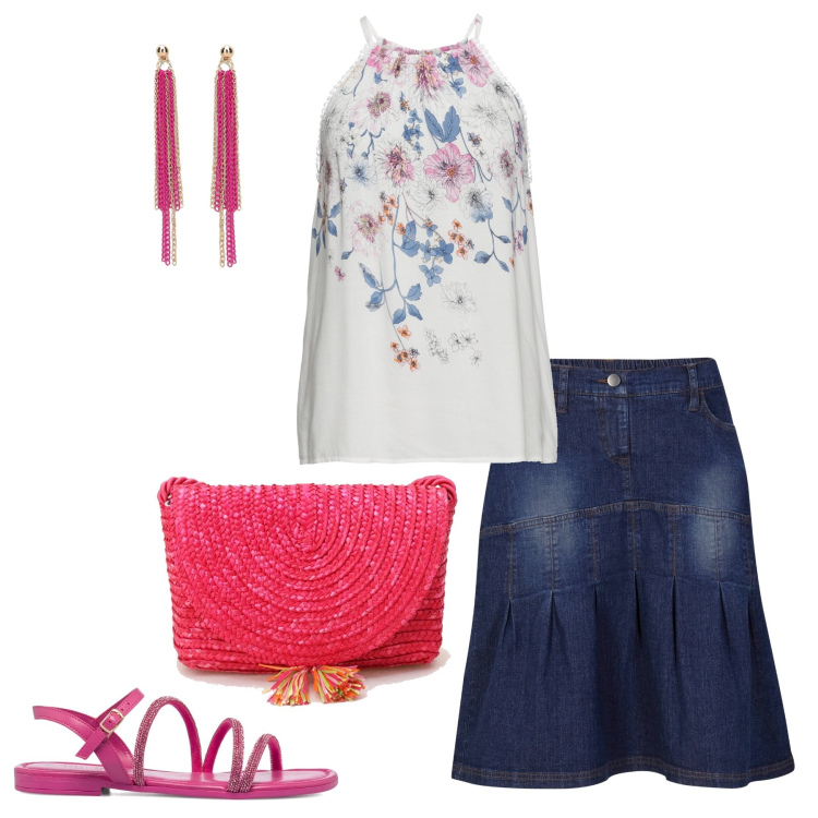 Outfit donna - Fucsia summer. Stile Casual chic per Tutti i giorni. Abbinamento con top, gonne, pochette, orecchini, sandali.