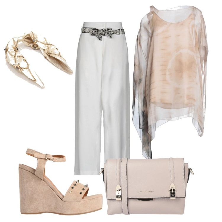 Outfit donna - Ufficio. Stile Chic per Ufficio. Abbinamento con cerchietti, pantaloni, bluse, sandali in pelle, borse a tracolla.