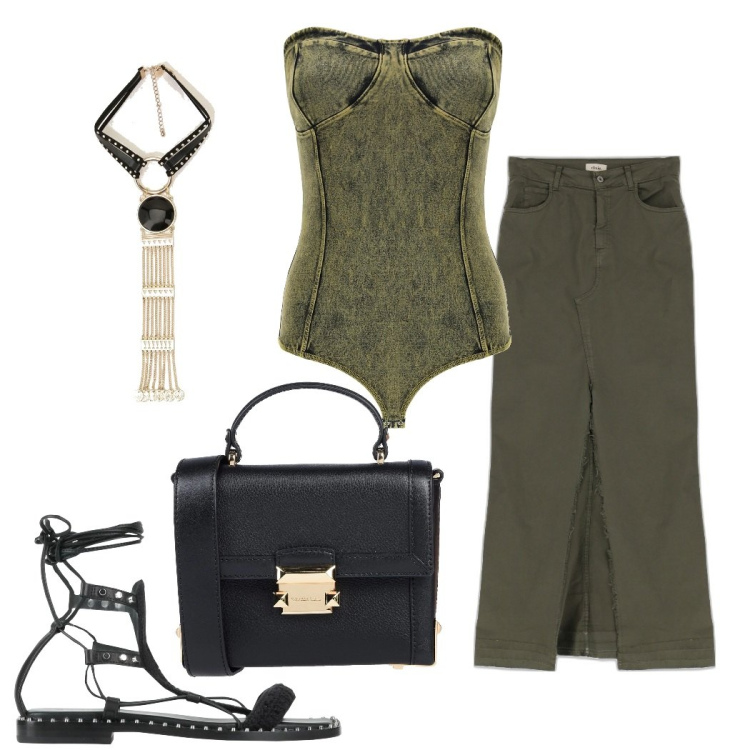 Outfit donna - Il body-TOP!. Stile Casual chic per Serata fuori. Abbinamento con body, gonne lunghe, ciondoli, borse a mano, sandali in pelle.