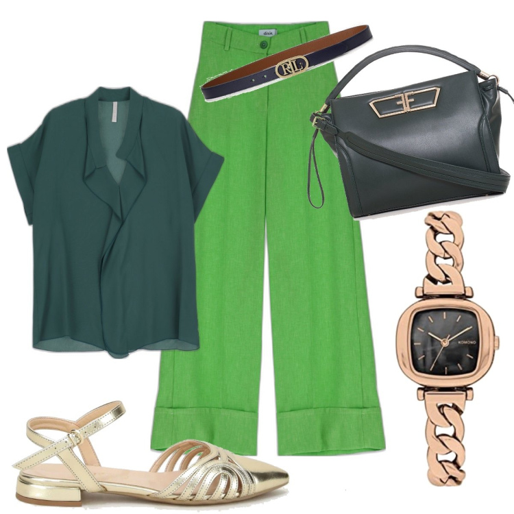 Outfit donna - Verde. Stile Casual chic per Ufficio. look ideale per Tall. Abbinamento con borse tote, bluse, pantaloni a palazzo, sandali in pelle, cinture, orologi analogici.