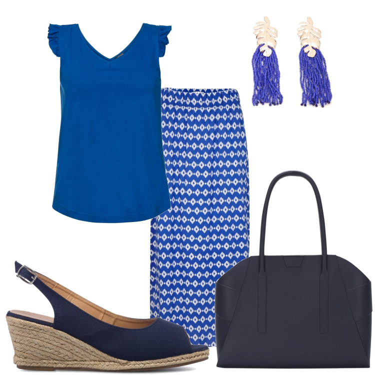 Outfit donna - Mi vesto comoda per le compere. Stile Casual chic per Tutti i giorni. Abbinamento con top, gonne lunghe, orecchini, sandali col tacco, borse a spalla.
