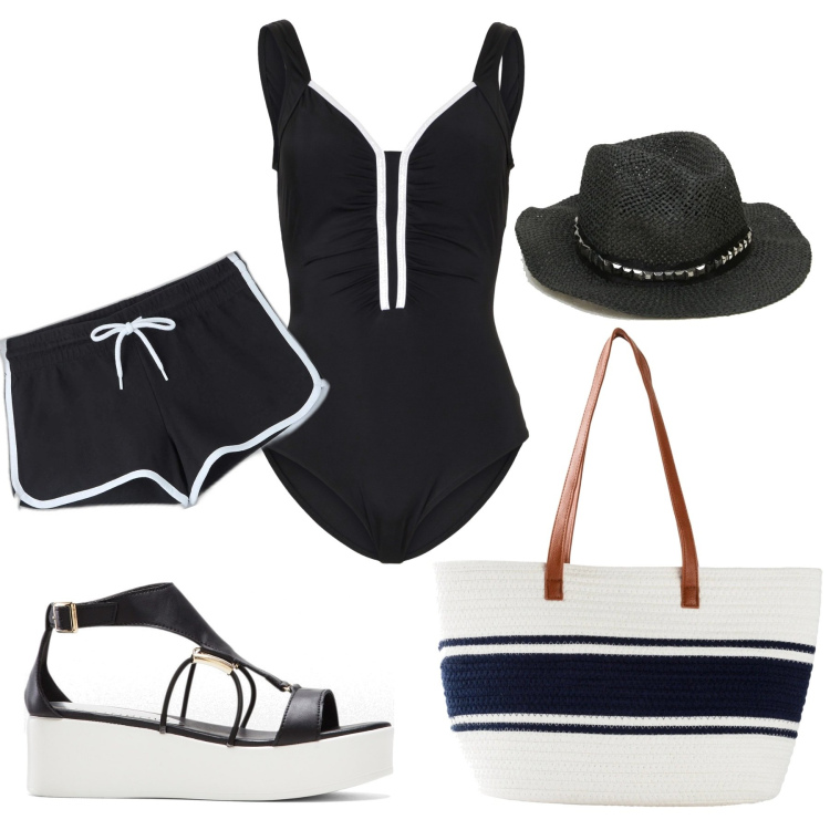 Outfit donna - In piscina con le amiche. Stile Basic per Mare. Abbinamento con costumi interi, sandali col tacco, shopping bag, shorts, cappelli.