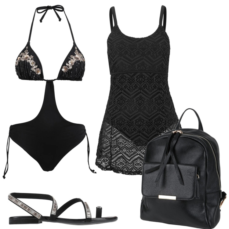 Outfit donna - Swimming pool. Stile Sexy per Mare. Abbinamento con vestiti da spiaggia, bikini, zaini, infradito.