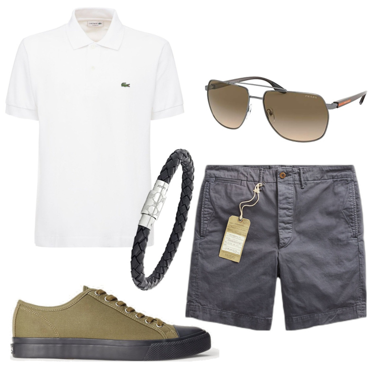 Outfit uomo - La polo bianca. Stile Casual per Tutti i giorni. Abbinamento con sneakers, pantaloni chino, braccialetti, polo, occhiali da sole.
