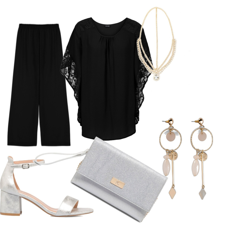 Outfit donna - Gli accessori fanno la differenza. Stile Chic per Serata fuori. Abbinamento con bluse, orecchini, pantaloni a palazzo, ciondoli, sandali in pelle, clutch.