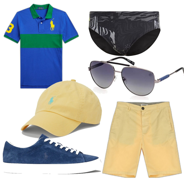 Outfit uomo - In barca con stile. Stile Casual per Mare. Abbinamento con bermuda, cappelli, polo, sneakers, costumi, occhiali da sole.