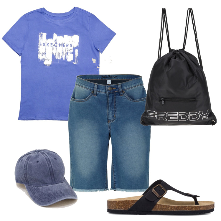 Outfit donna - Vado a comprare le brioches. Stile Basic per Tutti i giorni. Abbinamento con shorts, cappelli con visiera, zaini, t-shirt, infradito.