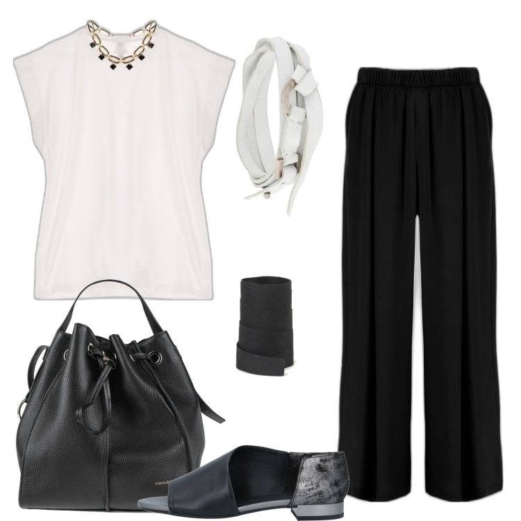 Outfit donna - Fresca in ufficio. Stile Basic per Ufficio. Abbinamento con sandali in pelle, borse a mano, braccialetti, cinture, t-shirt, pantaloni a palazzo.