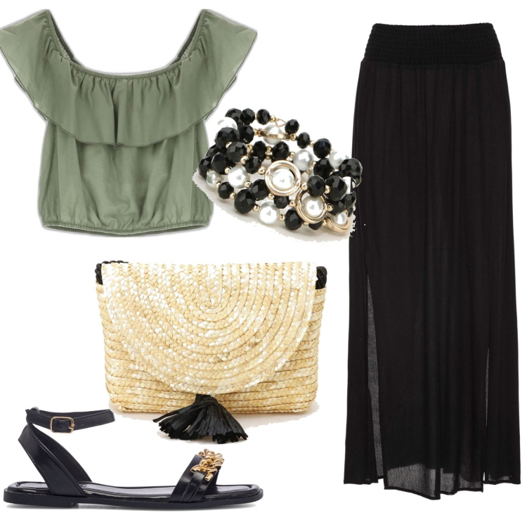 Outfit donna - Total look #1667248. Stile Casual per Tutti i giorni. Abbinamento con gonne lunghe, pochette, braccialetti, top, sandali in pelle.