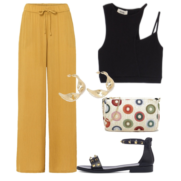Outfit donna - Total look #1667257. Stile Casual per Tutti i giorni. Abbinamento con pantaloni, pochette, top, orecchini, sandali in pelle.