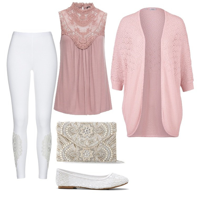 Outfit donna - La pochette per le feste. Stile Romantica per Cerimonia. Abbinamento con top, pochette, ballerine, cardigans, leggings.