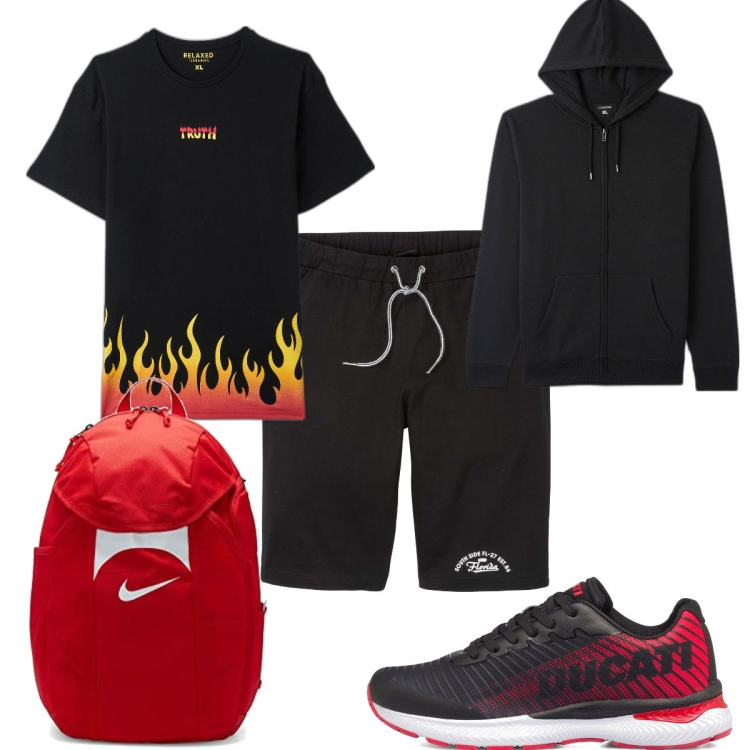 Outfit uomo - Total look #1667344. Stile Trendy per Sport. Abbinamento con bermuda, t-shirt, felpe con cappuccio, sneakers, borse sportive.