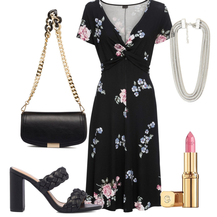 Outfit donna - Eleganza quotidiana. Stile Bon Ton per Tutti i giorni. Abbinamento con vestiti lunghi, collane, sandali in pelle, borse a tracolla, rossetti.