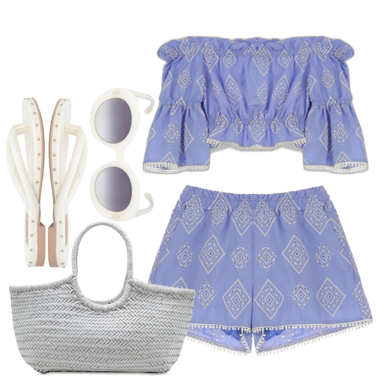 Outfit donna - Il completino romantico. Stile Romantica per Tutti i giorni. Abbinamento con infradito, top, shorts, occhiali da sole, borse a mano.