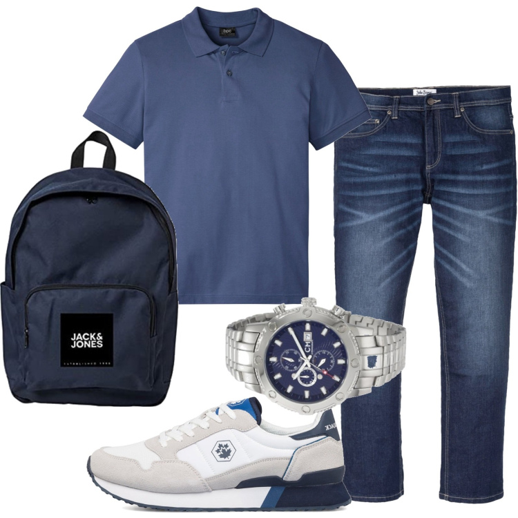 Outfit uomo - Total look #1667449. Stile Casual per Ufficio. Abbinamento con polo, jeans dritti, sneakers, orologi, borse sportive.