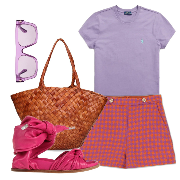 Outfit donna - Tutta mia la città. Stile Casual per Tutti i giorni. Abbinamento con sandali in pelle, shorts, t-shirt, shopping bag, occhiali da sole.