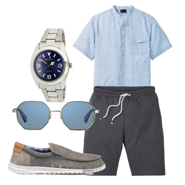 Outfit uomo - Pratico ma chic. Stile Casual per Tutti i giorni. Abbinamento con camicie a manica corta, bermuda, scarpe stringate, orologi analogici, occhiali da sole.