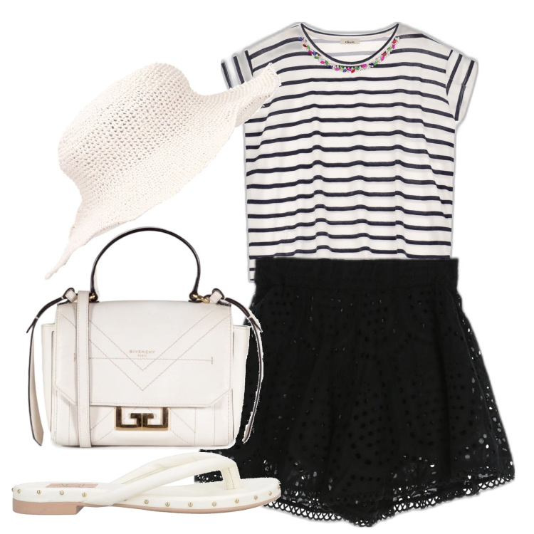 Outfit donna - Righe e ricami. Stile Casual chic per Tutti i giorni. Abbinamento con infradito, borse a mano, t-shirt, shorts, cappelli.