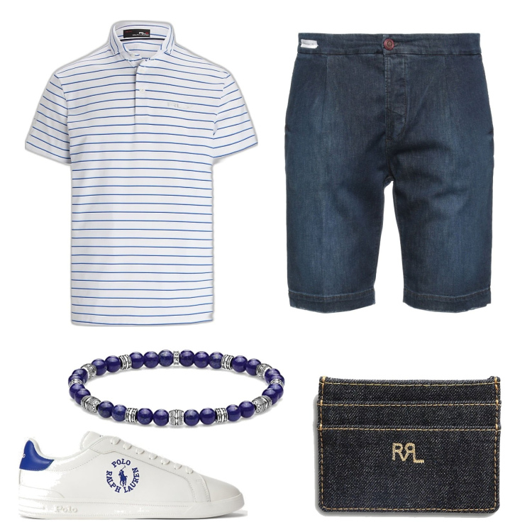 Outfit uomo - La polo chiara. Stile Casual per Tutti i giorni. Abbinamento con shorts, portafogli, polo, sneakers, braccialetti.