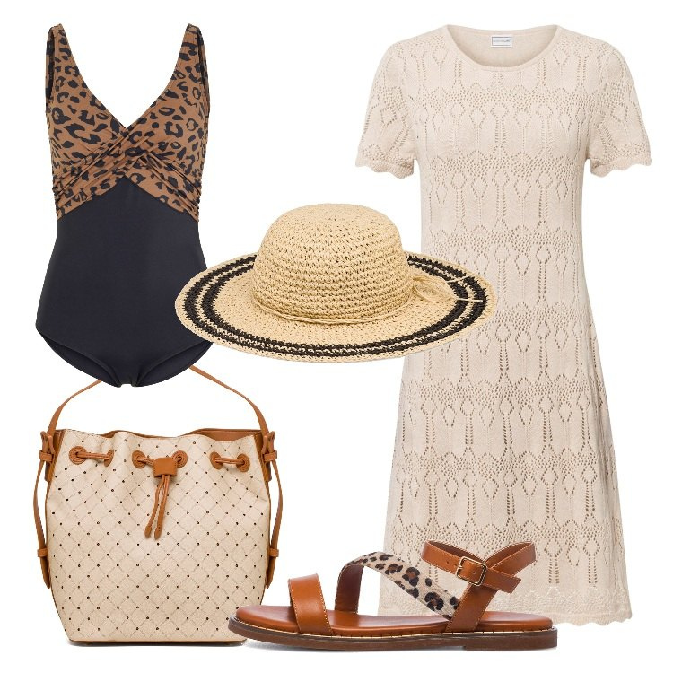 Outfit donna - Tocchi animalier. Stile Etnico per Mare. Abbinamento con costumi interi, vestiti, sandali in pelle, borse a spalla, cappelli.