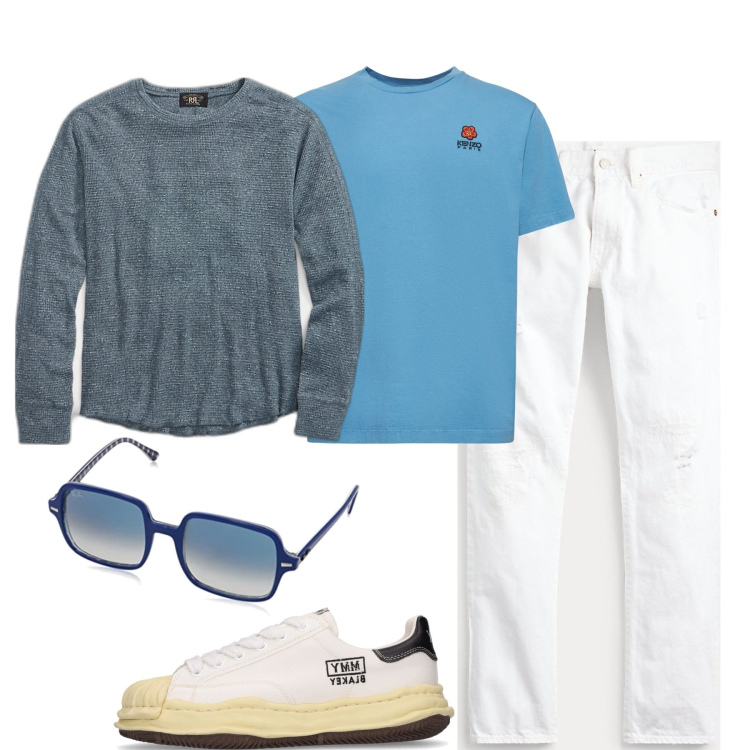Outfit uomo - Da mattina a sera. Stile Urban per Tutti i giorni. Abbinamento con jeans, maglieria, sneakers, t-shirt, occhiali da sole.