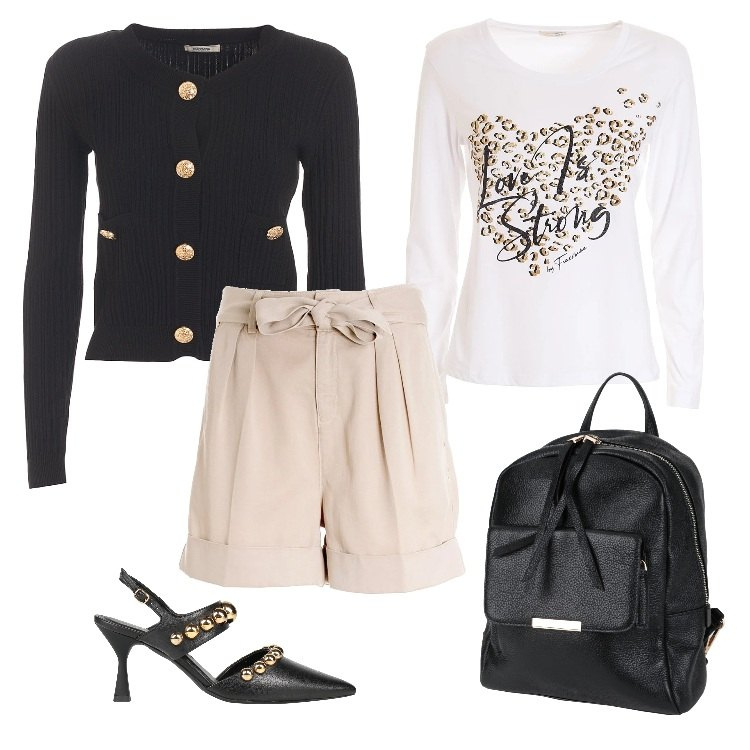 Outfit donna - Total look #1667652. Stile Urban per Tutti i giorni. Abbinamento con décolleté, zaini, cardigans, pantaloni corti, t-shirt.