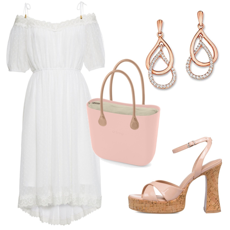 Outfit donna - Curvy - L’abito romantico. Stile Romantica per Tutti i giorni. Abbinamento con vestiti, sandali in pelle, borse a spalla, orecchini.