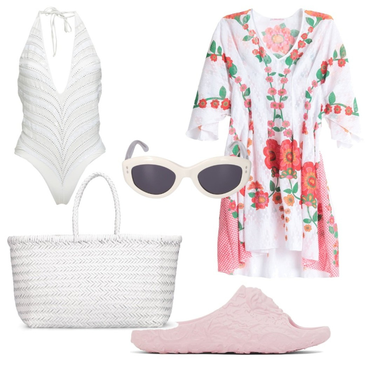Outfit donna - Mare o piscina. Stile Chic per Mare. Abbinamento con costumi interi, vestiti da spiaggia, sandali, shopping bag, occhiali da sole.