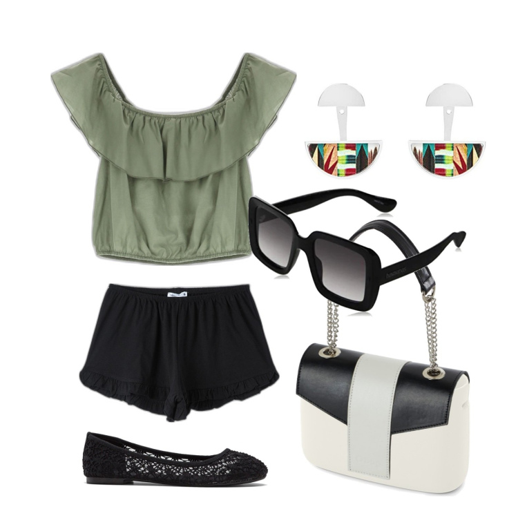Outfit donna - Ghost outfitter - luglio. Stile Casual per Tutti i giorni. Abbinamento con ballerine, pantaloni corti, top, occhiali da sole, orecchini, borse a spalla.