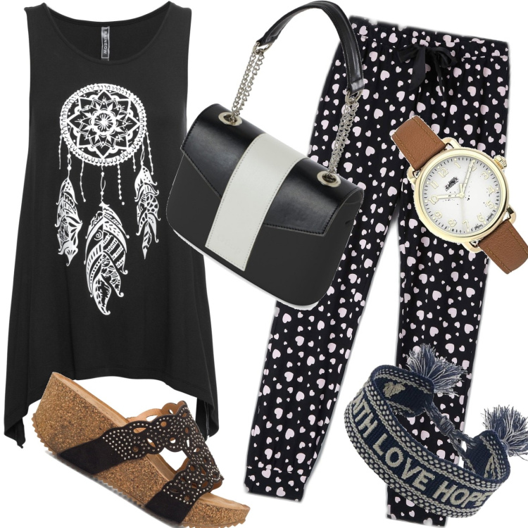 Outfit donna - Total look #1667841. Abbinamento con top, pigiama, zeppe, orologi analogici, braccialetti, borse a spalla.