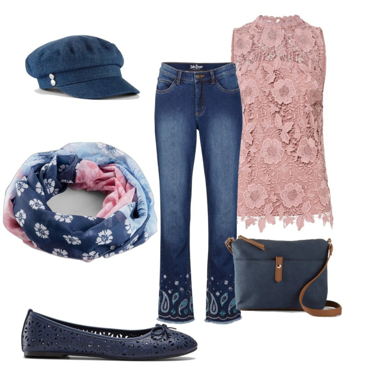 Outfit donna - Il top di pizzo. Stile Glamour per Tutti i giorni. Abbinamento con top, jeans dritti, borse a tracolla, ballerine, foulard, cappelli.