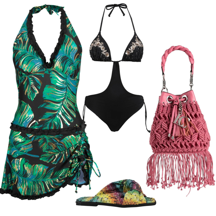 Outfit donna - Total look #1667916. Stile Sporty chic per Mare. Abbinamento con vestiti da spiaggia, borse a secchiello, bikini, sandali in pelle.