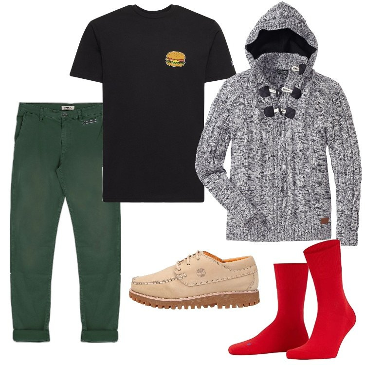 Outfit uomo - Fuori per un panino. Stile Casual per Tutti i giorni. Abbinamento con maglieria, scarpe stringate, pantaloni, calzini, t-shirt.
