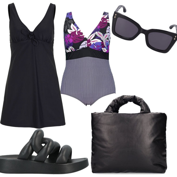 Outfit donna - Al mare in modo chic. Stile Casual chic per Mare. Abbinamento con vestiti da spiaggia, sandali in pelle, costumi interi, occhiali da sole, shopping bag.