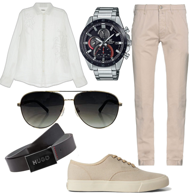 Outfit uomo - Basta una camicia bianca. Stile Trendy per Tutti i giorni. Abbinamento con pantaloni, camicie, sneakers, cinture, occhiali da sole, orologi.