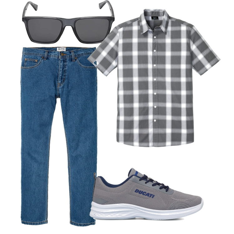 Outfit uomo - In agriturismo. Stile Casual per Tutti i giorni. Abbinamento con jeans dritti, camicie a manica corta, sneakers, occhiali da sole.