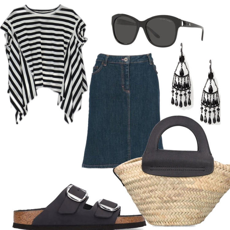 Outfit donna - Jeans libera e comoda. Stile Casual chic per Tutti i giorni. Abbinamento con gonne longuette, t-shirt, occhiali da sole, orecchini, shopping bag, sandali in pelle.