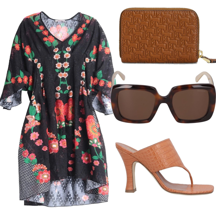 Outfit donna - In forma in spiaggia. Stile Chic per Mare. Abbinamento con infradito, vestiti da spiaggia, portafogli, occhiali da sole.