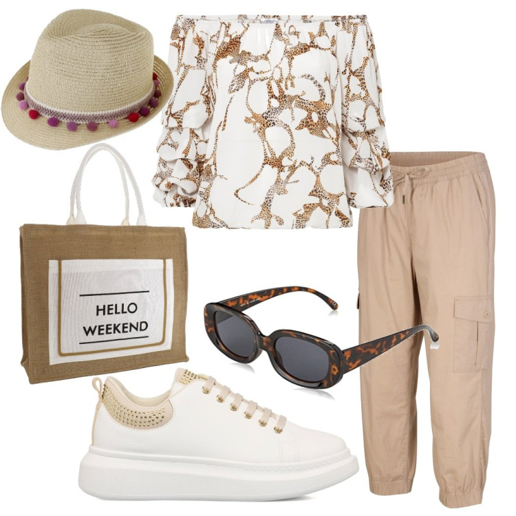 Outfit donna - Hello we. Stile Sporty chic per Mare. Abbinamento con sneakers, bluse, pantaloni cargo, cappelli, occhiali da sole, borse a secchiello.
