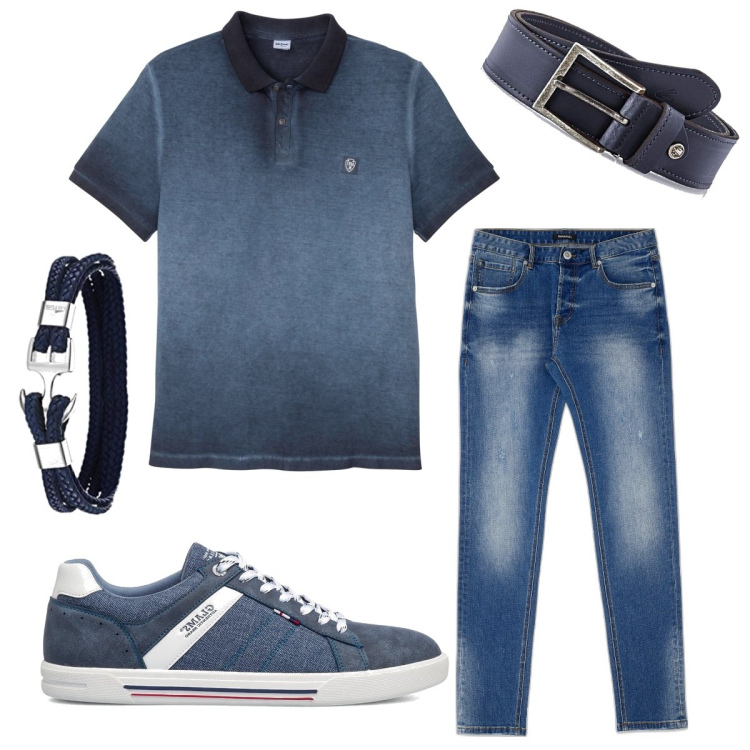 Outfit uomo - Look delave. Stile Trendy per Tutti i giorni. Abbinamento con polo, jeans slim fit, sneakers, cinture, braccialetti.